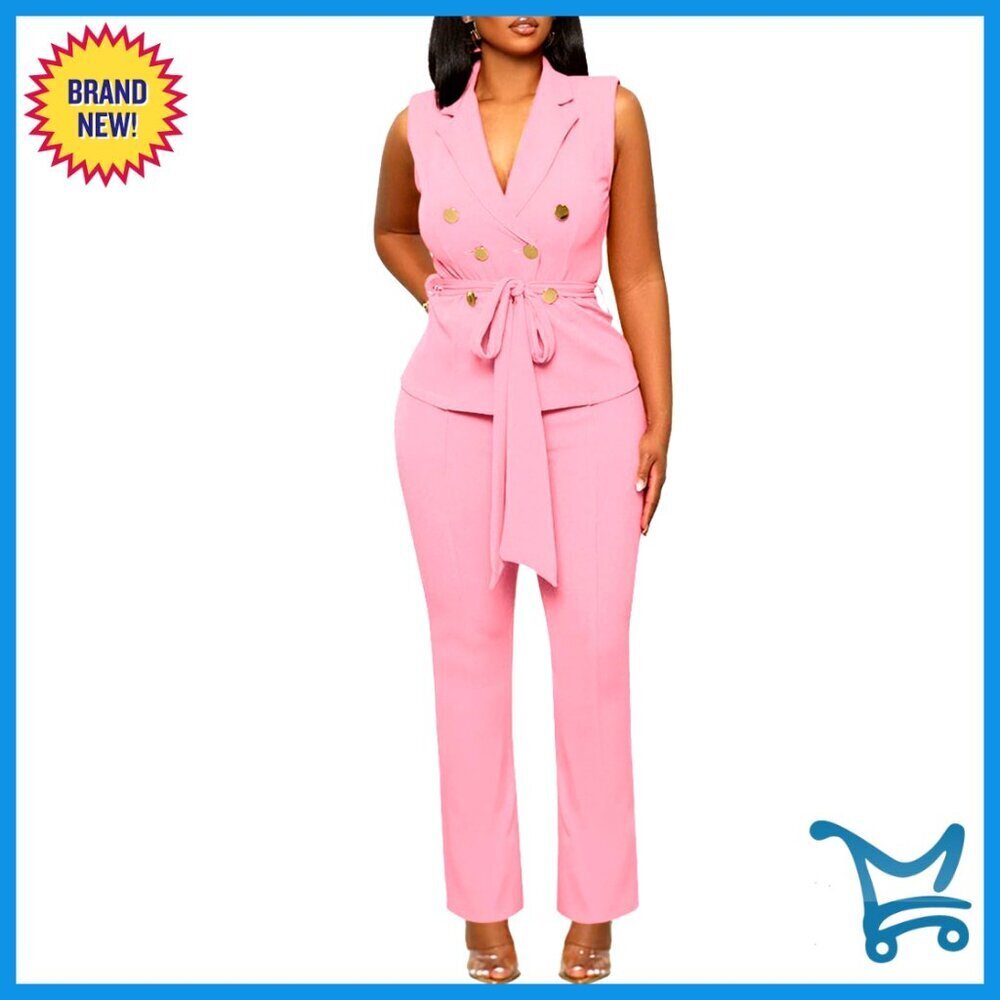 Women's 2-Piece Blazer Pant Suit Set with Belt, Wide Leg Pants, Business Casual